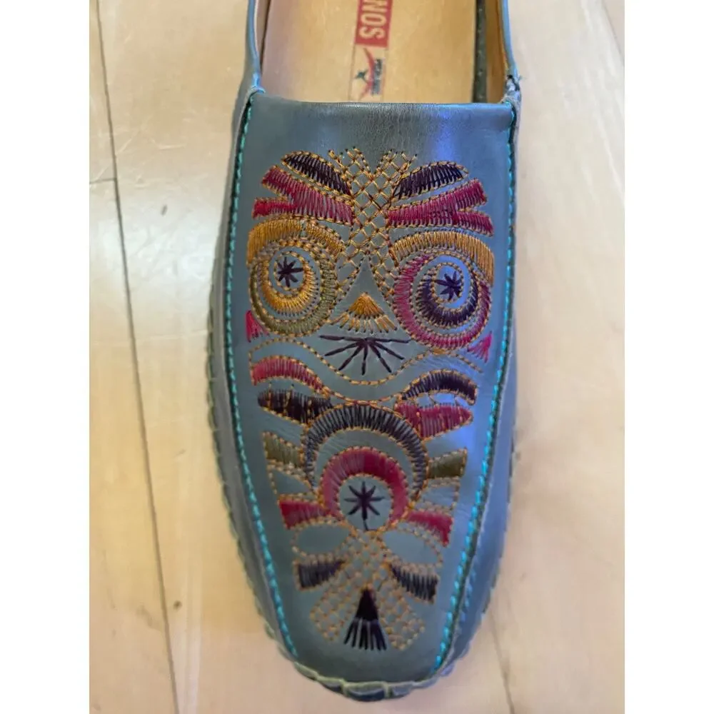 PIKOLINOS Embroidered Leather Mules Mar Sage Green Moccasin Loafers Women 42 NIB